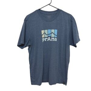 prAna‎ Mountain Graphic Tee Mens M Blue Fair Trade Cotton Blend Outdoor Hiking
